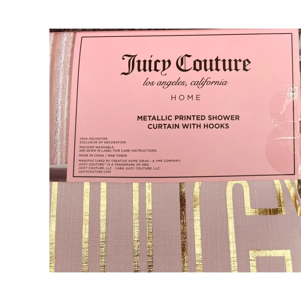 Juicy Couture Metallic Bold Logo‎ Shower Curtain Home 70x72 Pink Gold Hooks NEW
